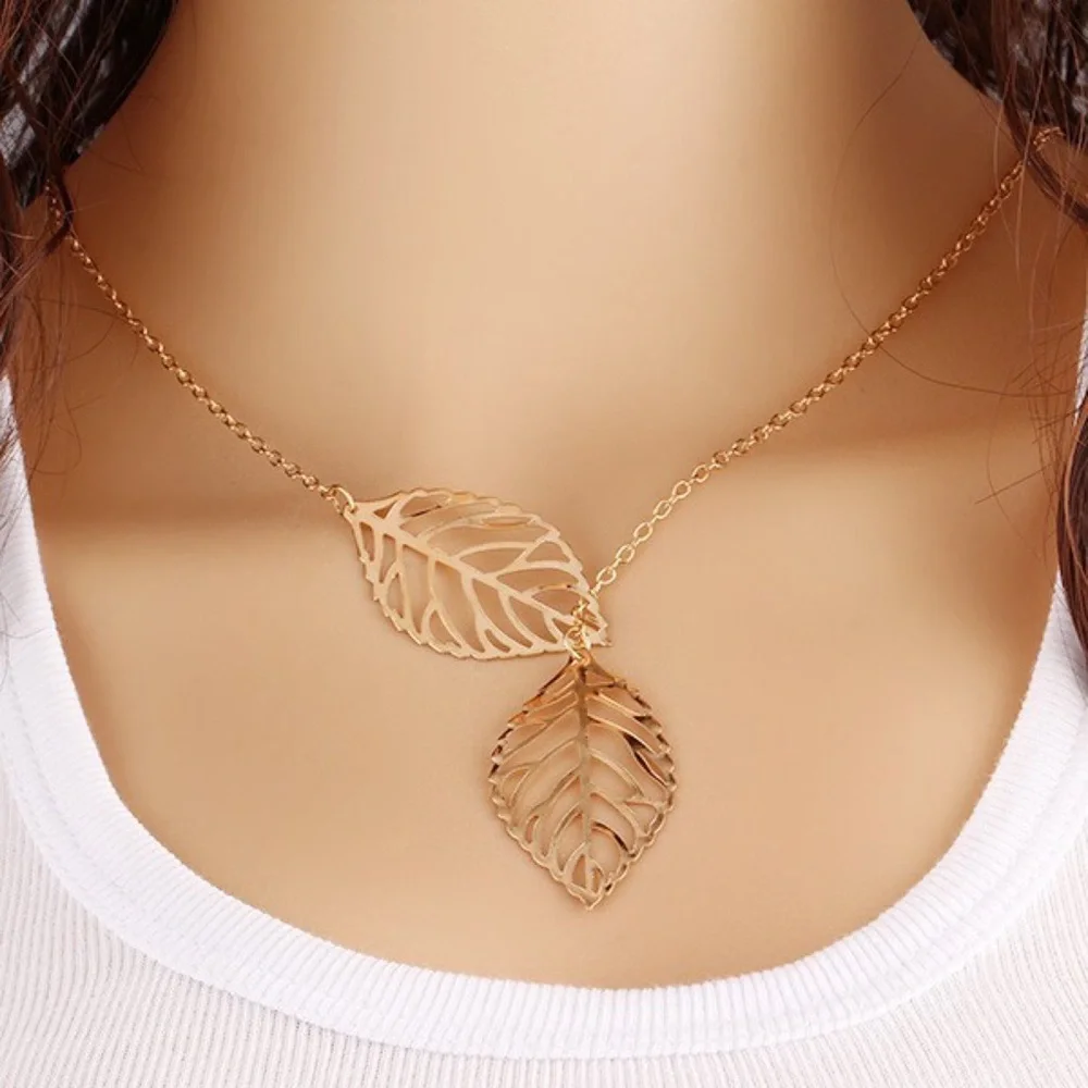 Boho Double Leaf Gold Filigree Lariat Necklace - Picture 1 of 4